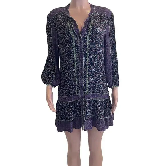 Veronica Beard Xanita Dress Womens 10 Multi Floral Mini Button Down Peasant Boho - Picture 2 of 16